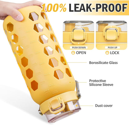MUKOKO 64oz Glass Water Bottles with Straw and Lid,Half Gallon Water Bottle with Time Marker,Large Glass Water Jug with Silicone Sleeve and Stainless Steel Handle-Yellow