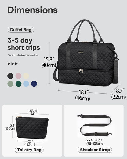 HOTOR Travel Duffel Bag - Weekender Bags for Women, Carry On Overnight Bag with Shoe Compartment, with Toiletry Bag for Travel Essentials and Travel Accessories, Black, 15.8"×18.1"×8.7"
