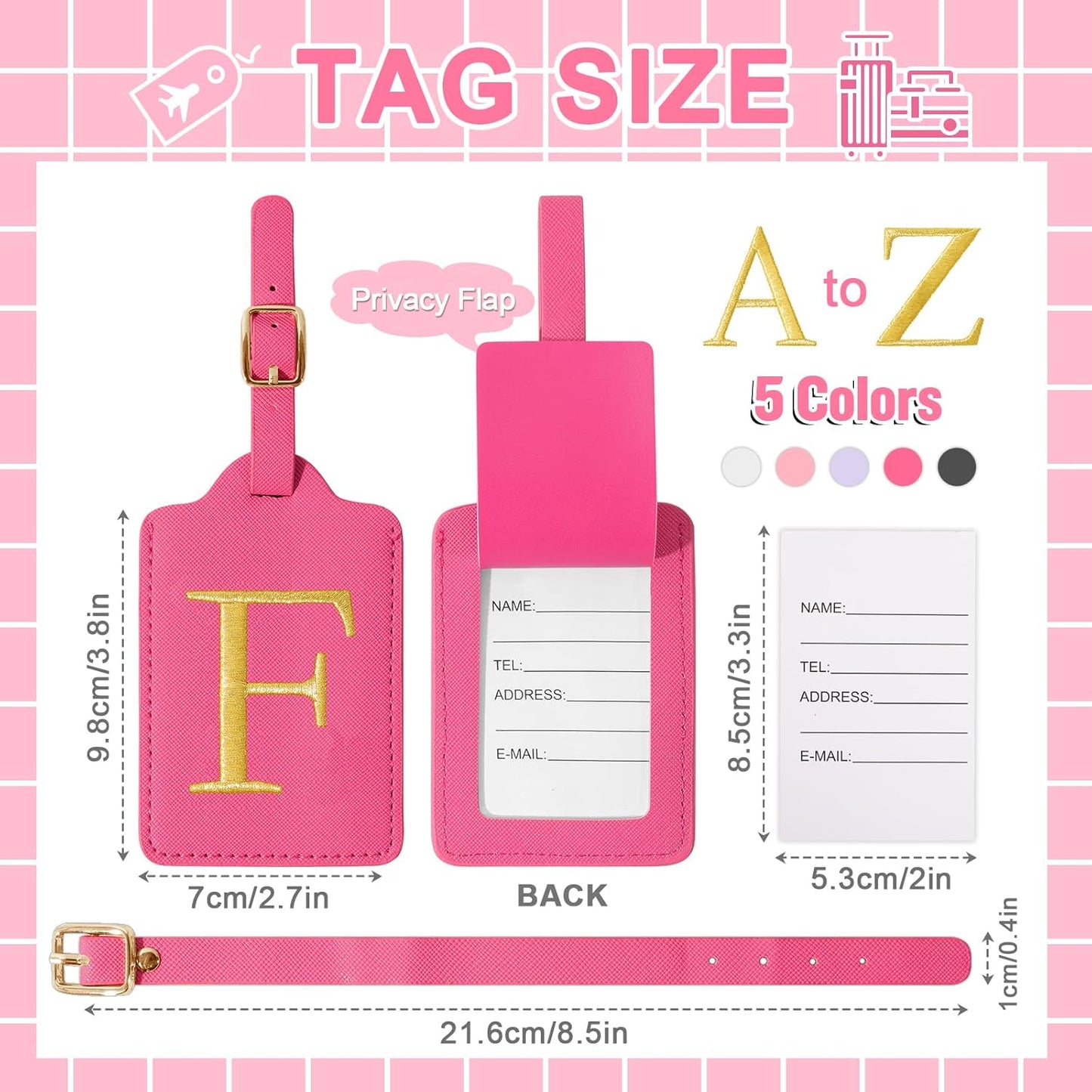 Personalized Initial Luggage Tags for Suitcase - Rose Red Leather With Privacy Cover Name Card, Embroidered Custom Monogram Travel Backpack Tag Gifts for Women Kids (F)