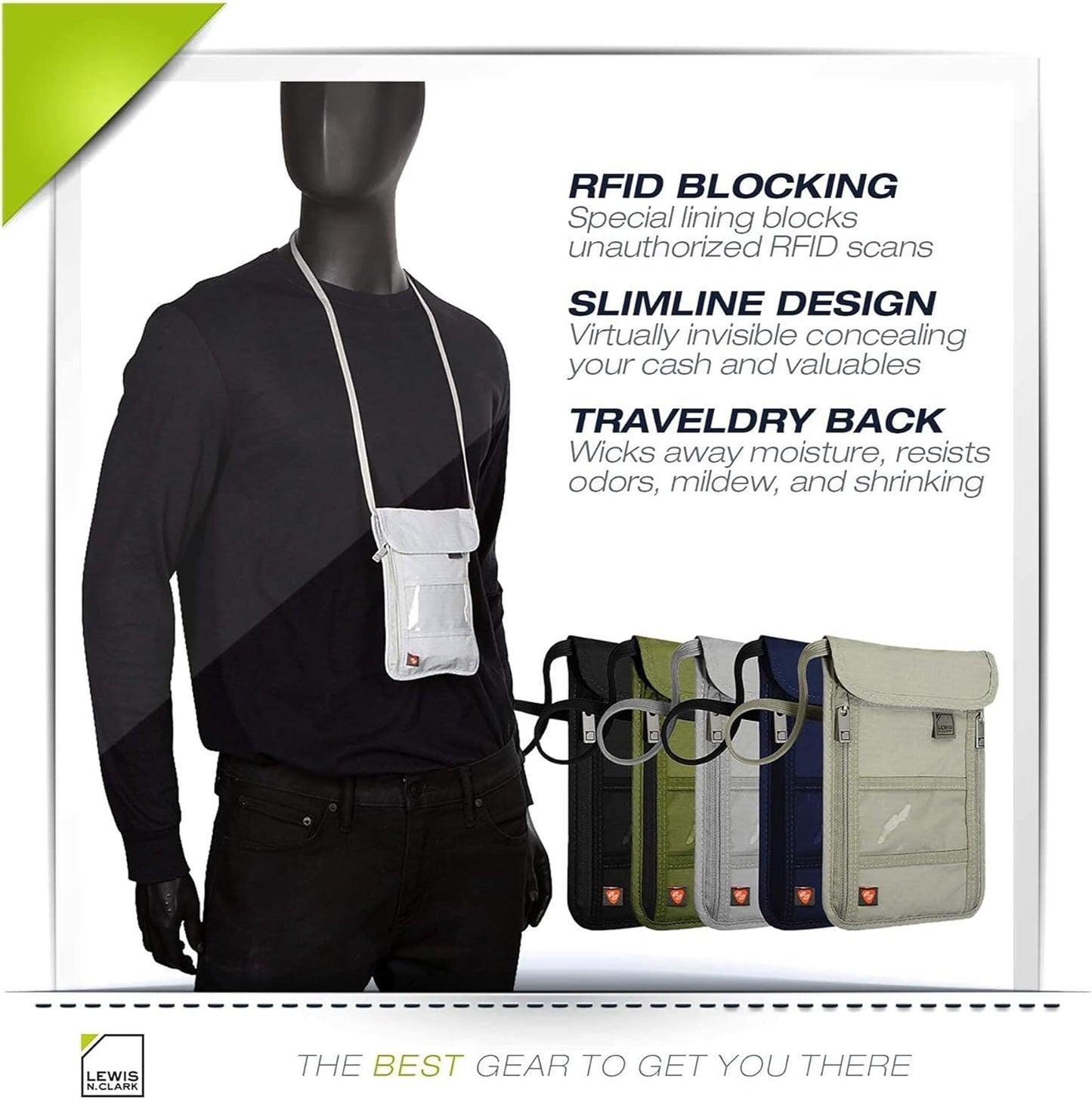 Lewis N. Clark Men's RFID Blocking Stash Wallet, Travel Neck Pouch Passport Holder for Women & Men, Olive, One Size