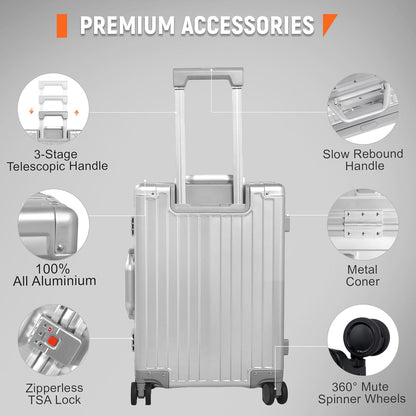 UrbanExplorer 24Inch All Aluminum Check In Luggage Heavy Duty Hard Shell Suitcases with Spinner Wheels, Zipperless Suitcase with TSA Lock, Large Luggage for Business Travel, Sliver