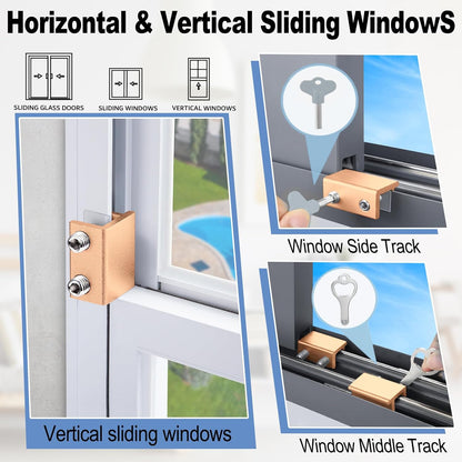 Sliding Window Locks - Adjustable Aluminum Security Locks for Horizontal & Vertical Windows (2 Sets Gold)