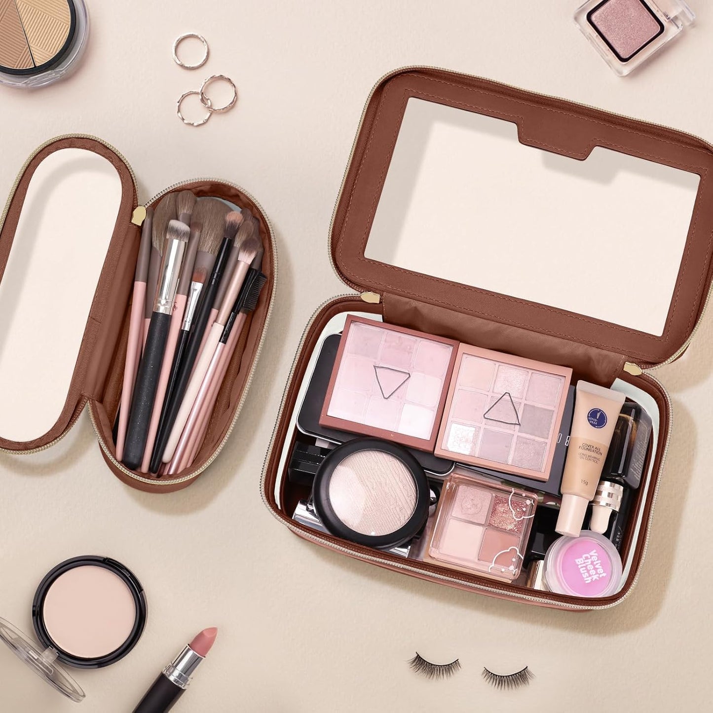 Travel Clear Makeup Bag with Makeup Brush Bag, Leather Makeup Case Toiletry Bag, Portable Cosmetic Bag Case, Transparent Waterproof Cosmetic Organizer Storage Bag for Women, Brown