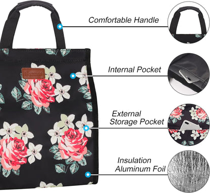 Lunch Bags for Women Insulated Reusable Lunch Tote with Internal Pocket, Lunch Tote bag for Work (Flower)
