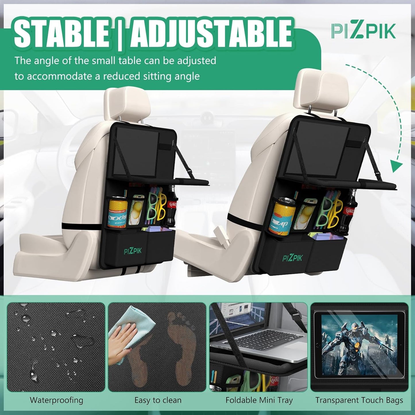 Car Backseat Organizer with Tablet Holder,11 Storage Pockets with Foldable Food Tray, Protector Kick Mats for Kids, Travel Accessories Organizer (Black, 1Pack)