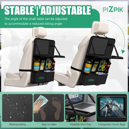 Car Backseat Organizer with Tablet Holder,11 Storage Pockets with Foldable Food Tray, Protector Kick Mats for Kids, Travel Accessories Organizer (Black, 1Pack)