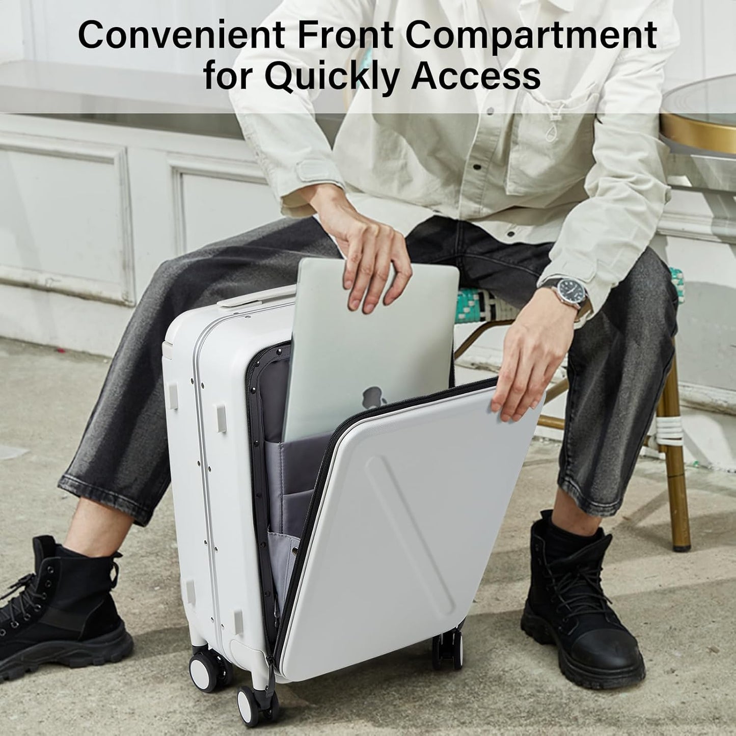 MILADA Wide Handle Carry On Luggage with Front Pocket Hardshell 20 Inch Front Opening Luggage with Spinner Wheels TSA Lock Aluminium Suitcase Airline Approved Carry-On Travel Luggage, White