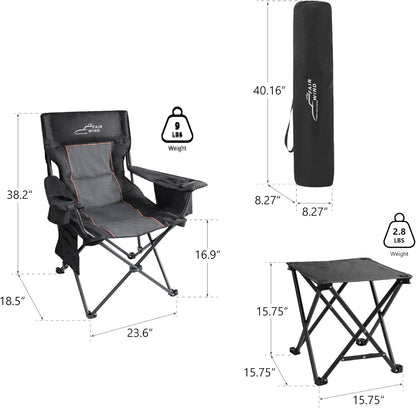 FAIR WIND Oversized Padded Camping Chair with Footrest Stool Set Heavy Duty Support 300 LBS Cooler Bag Chair - Black