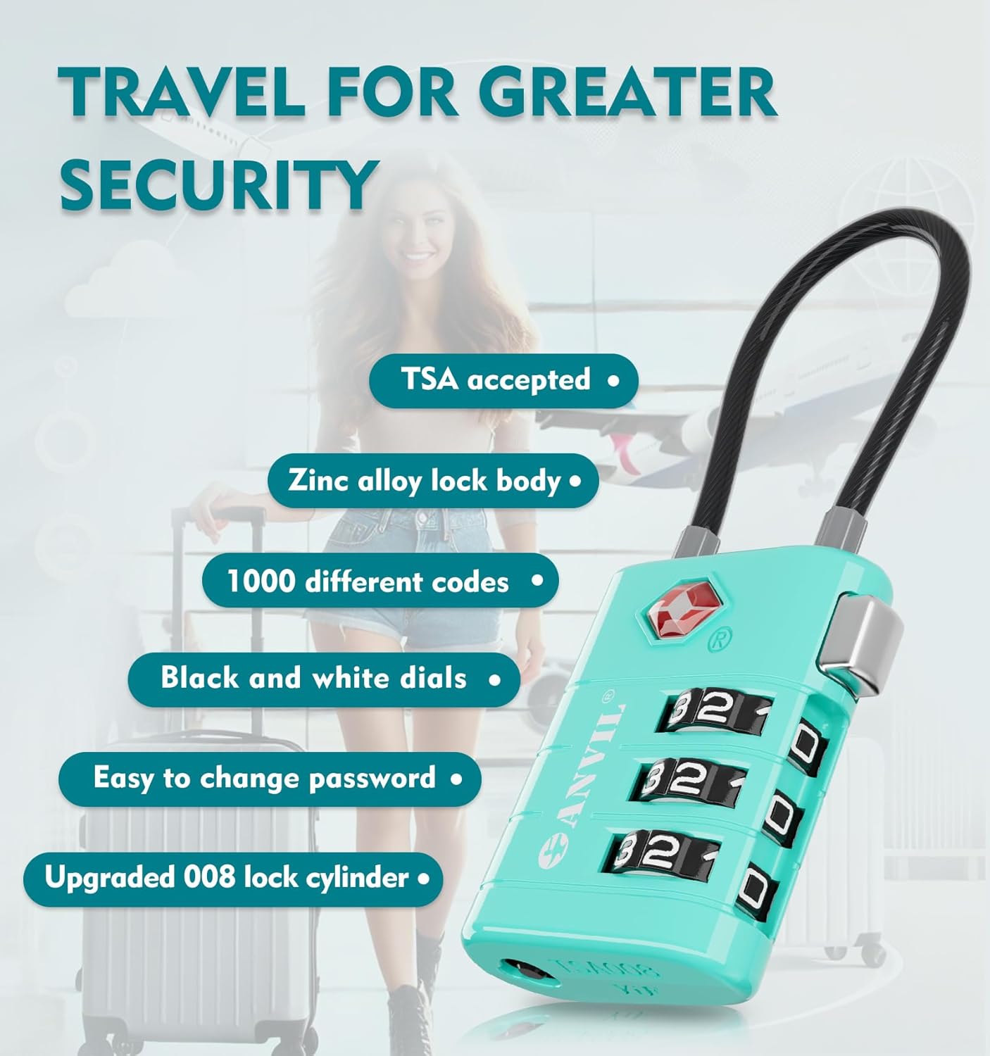 ANVIL TSA Approved Luggage Locks – High Security TSA008 Combination Travel Locks with Inspection Indicator for Suitcases and Backpacks. (3, Cyan)