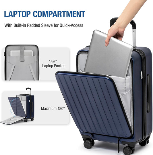 KYME 22-Inch Hardside Small Suitcase - 100% PC Hard Shell with Laptop Compartment, TSA Lock, Double Wheels for Men & Women, Navy