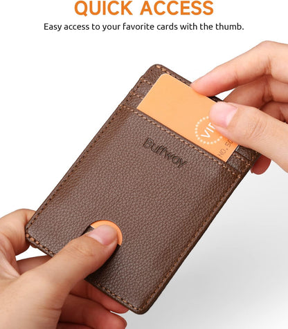 Buffway Mens Slim Wallet, Minimalist Thin Front Pocket Leather Credit Card Holder with RFID Blocking for Work Travel