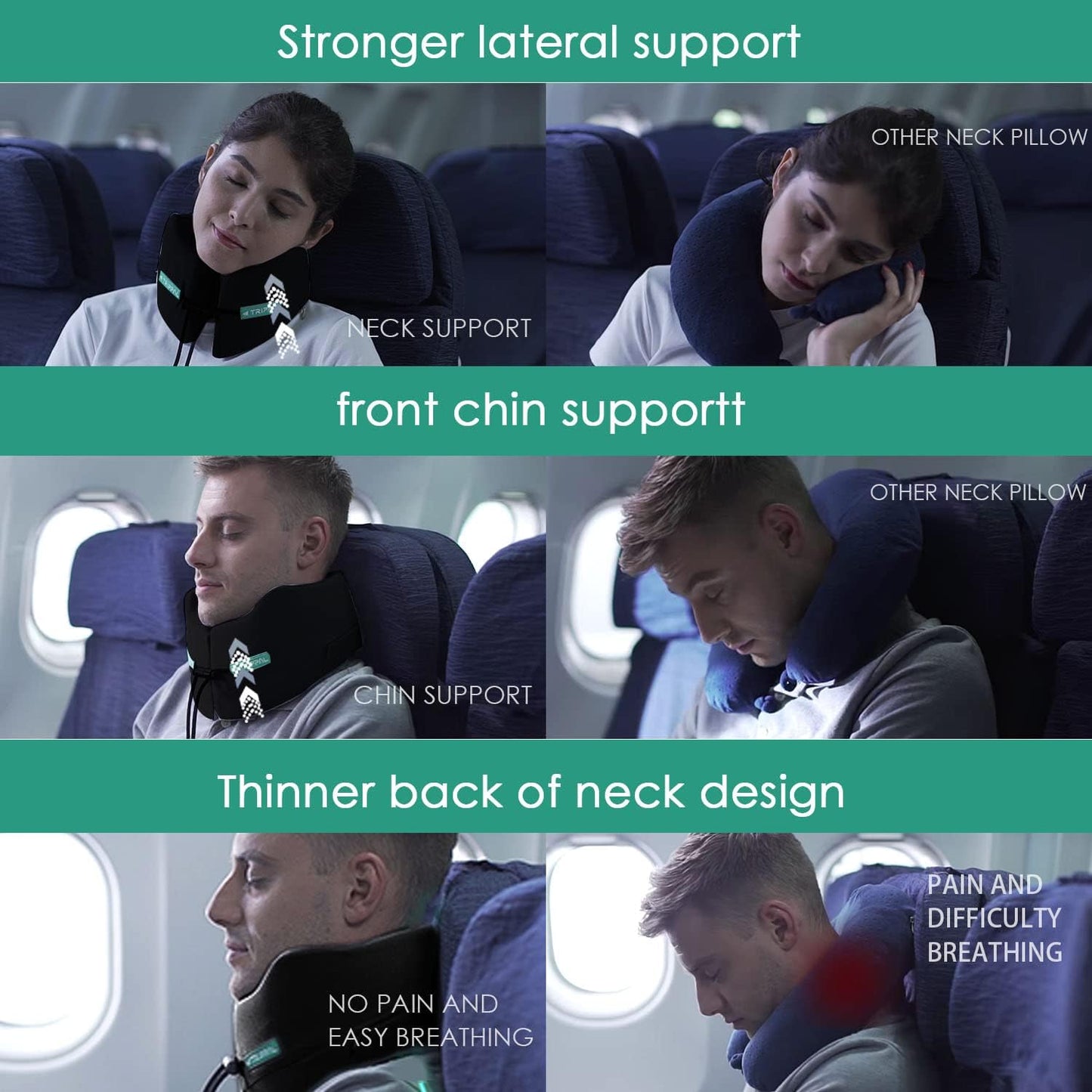 Travel Neck Pillow for Airplane Chin Support Memory Foam Machine Washable for Airplane Sleeping Car Office Black M