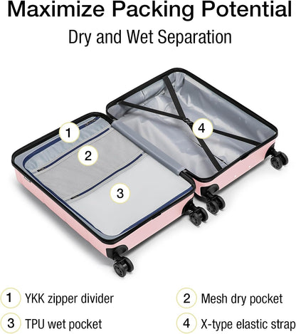 KYME Pink Hardside Expandable Carry On Luggage 22x14x9 Airline Approved 20 Inch Hardshell Carry On Suitcase with Wheels TSA Lock Small Travel Rolling Luggage with Cup Holder for Women