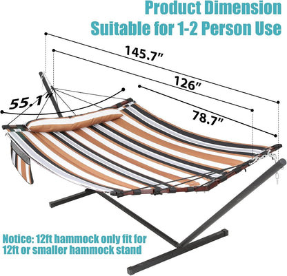 TegerDeger 12FT 2 Person Hammock with Stand Included 55 x 79IN Large Hammock 450LB Capacity with V Shaped Hardwood Spreader Bar & Nylon Rope for Outside, Patio, Garden, Backyard, Beach- Coffee Stripes
