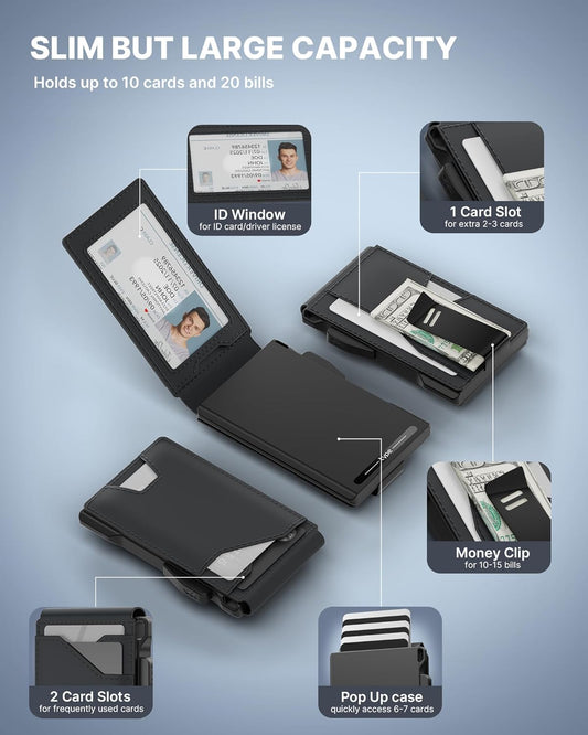 typecase Tactical Wallet for Men Card Holder: Pop Up Card Case, Genuine Leather, Smart, RFID Blocking, Slim, Minimalist, Thin, Front Pocket - 13 Card Capacitiy, ID Window, Money Clip (Dark Black)