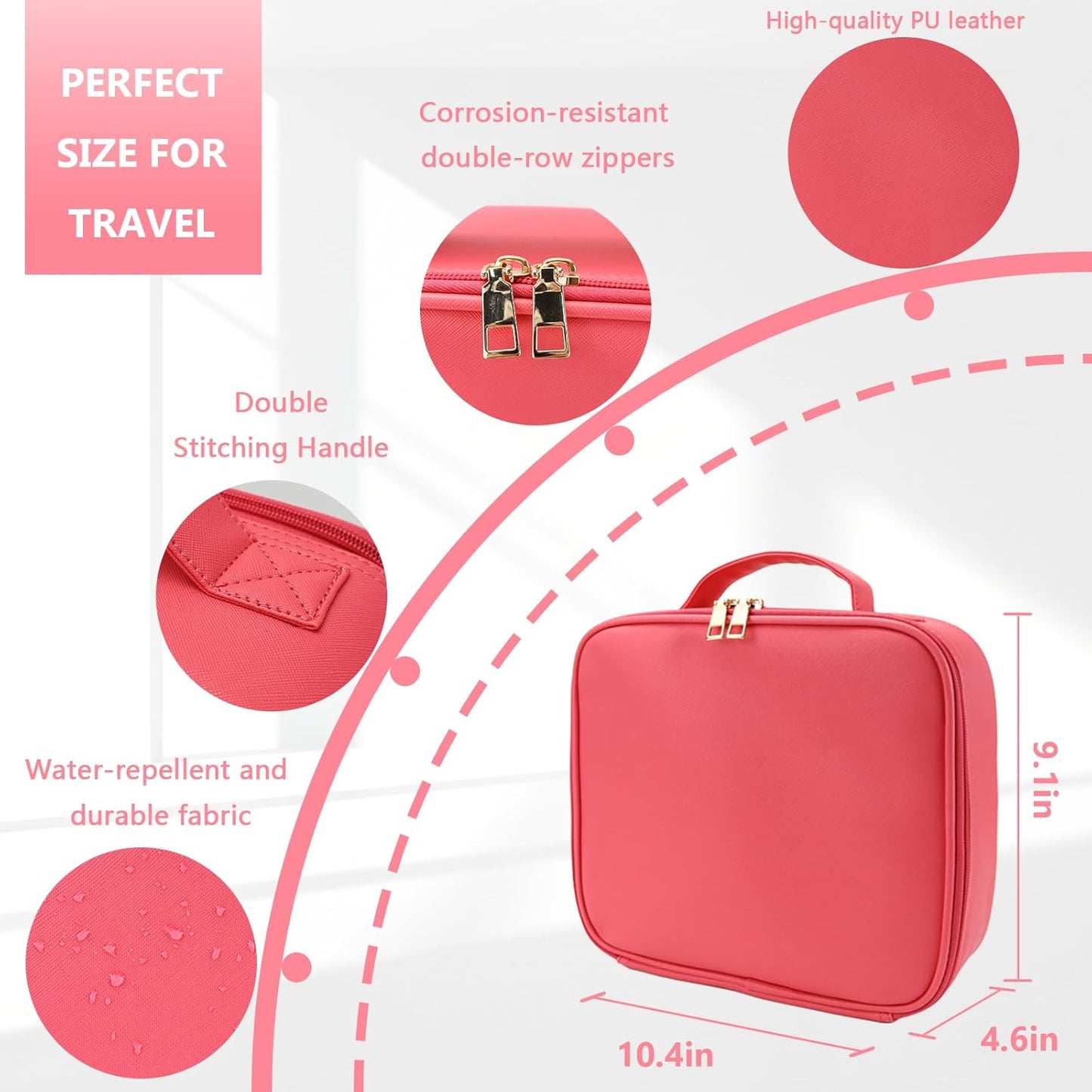 Travel Makeup Bag for Women and Makeup Artists Cosmetic Organizer Large Makeup Case,Travel Makeup Bag with Mirror 3 Color Setting,Portable Storage and Adjustable Dividers(light red)