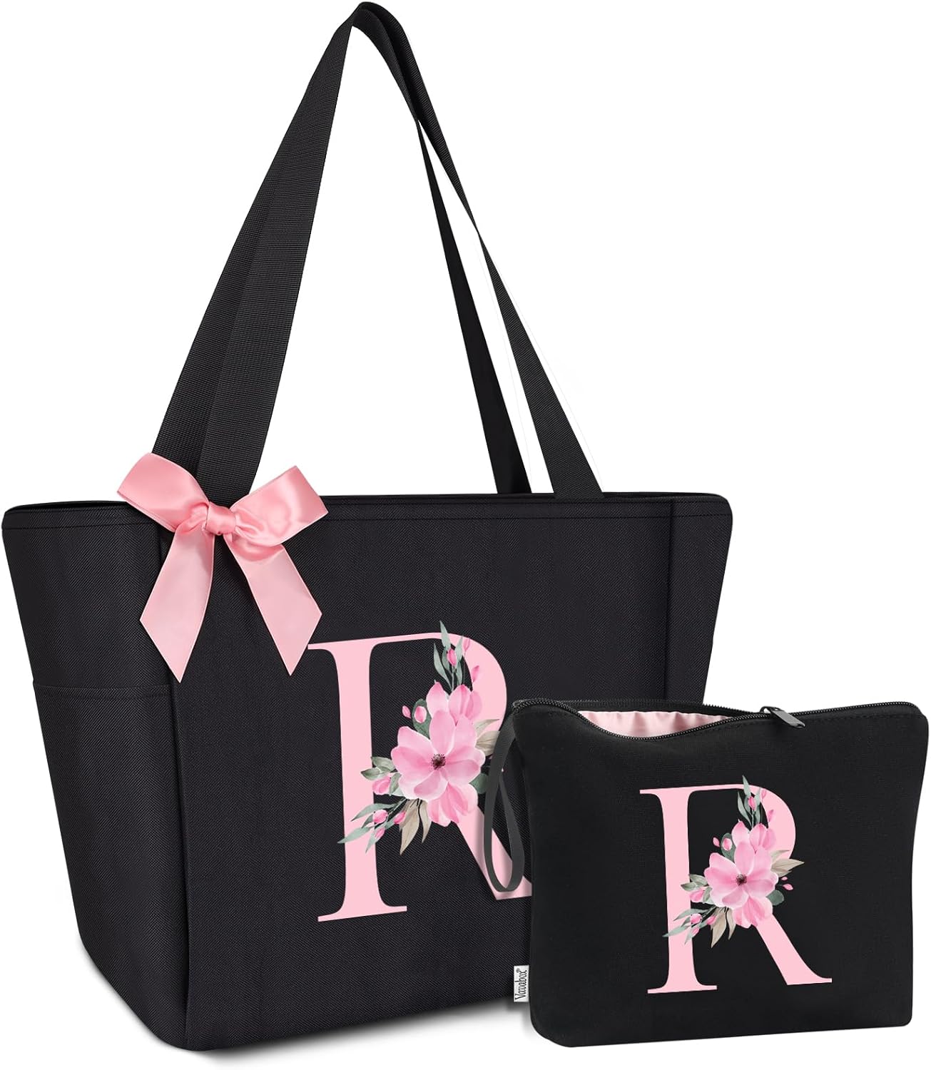 Vavabox Tote Bag, A-Z Initial Monogrammed Waterproof Tote Bag, Bridesmaid Gifts for Women, Black and Pink