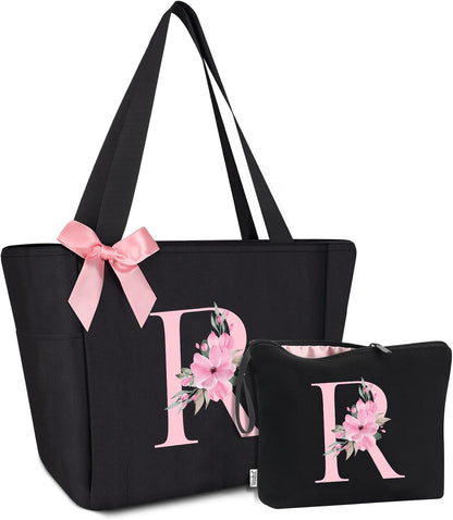 Vavabox Tote Bag, A-Z Initial Monogrammed Waterproof Tote Bag, Bridesmaid Gifts for Women, Black and Pink