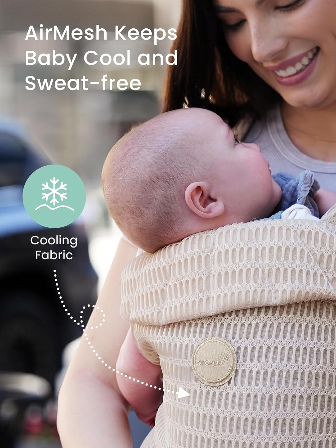 GROWNSY Baby Carrier Newborn to Toddler, Breathable Mesh Carrier(7-44lbs) with One-Click Sliding Clasp, Head Support, Ergonomic Design and Hands-Free Comfort, Almond Beige