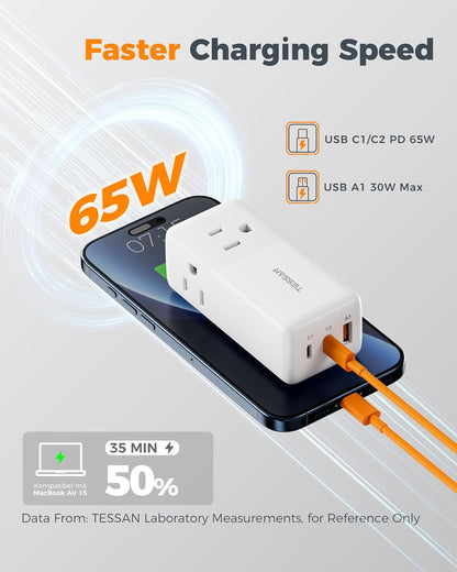 TESSAN USB Charging Station PD 65W, USB C Charger Blocks with 3 AC Outlets, Desktop Phone Fast Charger with Flat Plug for Phone Tablet Laptop, Travel, Office
