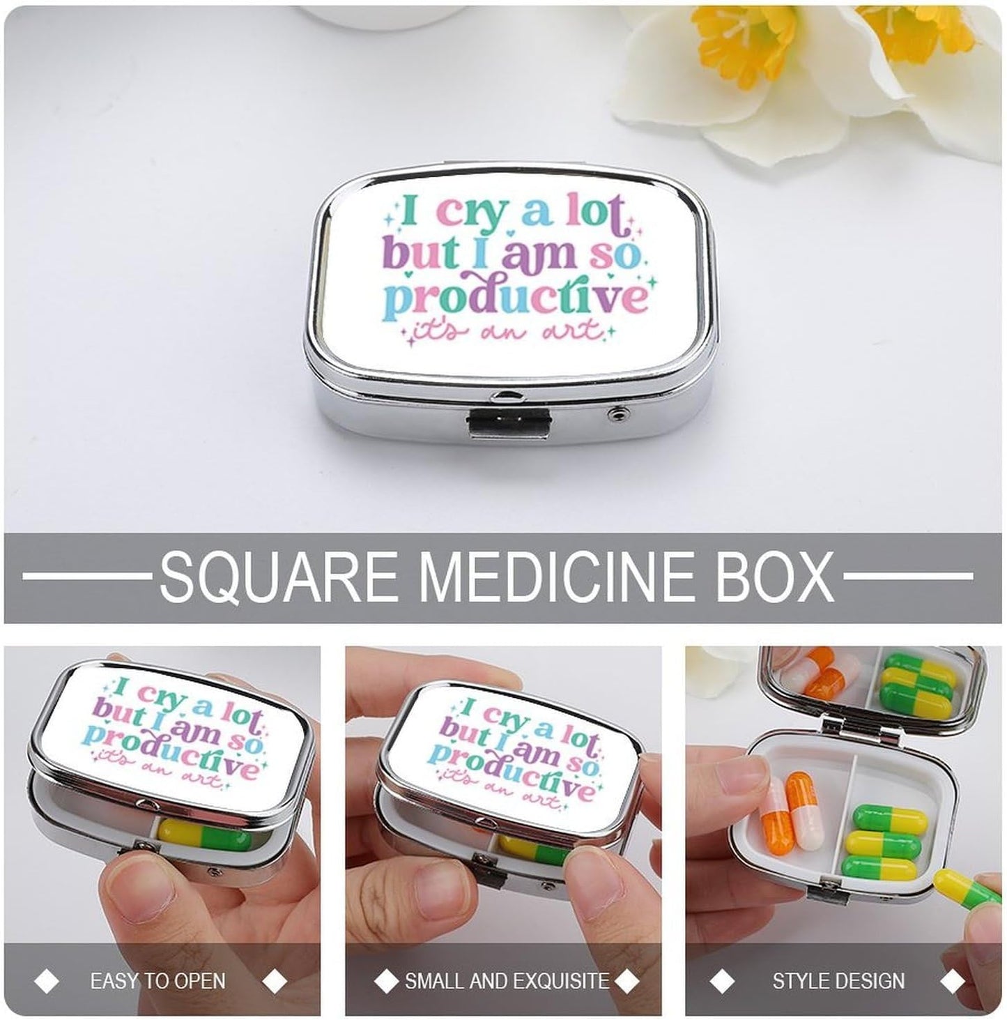 Metal 2 Compartment Pill Organizer Travel Friendly Portable Compact Pill Box Cute Pill Case to Hold Vitamins,Fish Oil,Supplements,Meds,Tablet for Purse,Pocket. (CRY)