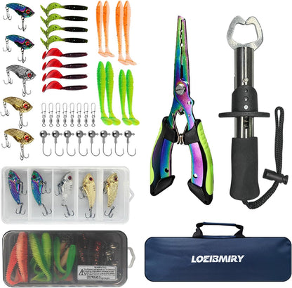 Fishing Rod Reel Set, 2PCS 2.1m/6.89ft Collapsible Fishing Rods + 2PCS Spinning Reels + Fishing Lures Hooks + Carrier Bag + Fishing Pliers Fish Lip Gripper for Travel Saltwater Freshwater Beginner