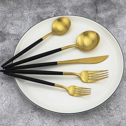 Gugrida 20-Piece 18/10 Stainless Steel Flatware Silverware, Luxury Dinnerware Set Travel Cutlery Tableware Include Knife Fork Spoon Service for 4, Dishwasher Safe (Black Handle Matte Gold)