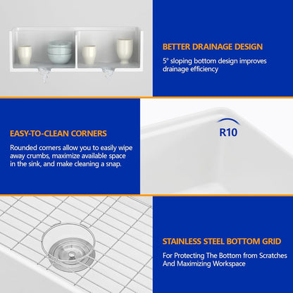 Dcolora 33 Inch White Farmhouse Sink Double Bowl 50/50 Workstation Country Farm Barn Kitchen Sink Flat Apron Front White Fireclay Ceramic Porcelain Sinks, 33x20x10, DC-A7767