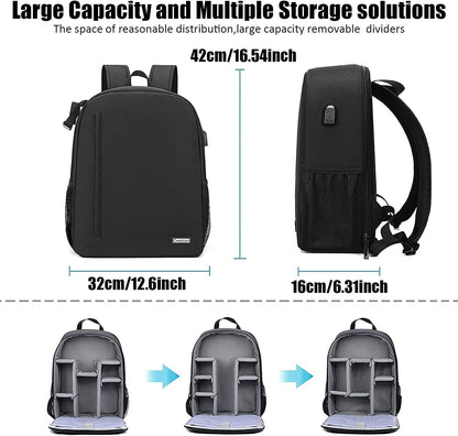 Cwatcun Camera Backpack with USB,Rain Cover,fit 15.6" Laptop,Anti-Theft Rear Open Camera Bag,Waterproof Camera Case with Tripod Straps for Canon Nikon Sony DSLR SLR Photography Bag Unisex(III-L-Black)