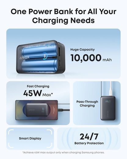 Anker Nano Power Bank, 10,000mAh Portable Charger with 2.3 ft InstaCord Retractable Cable, 45W Max Compact Battery Pack, Smart Display, for iPhone 16/17 Series, iPad, Galaxy, Pixel, and More