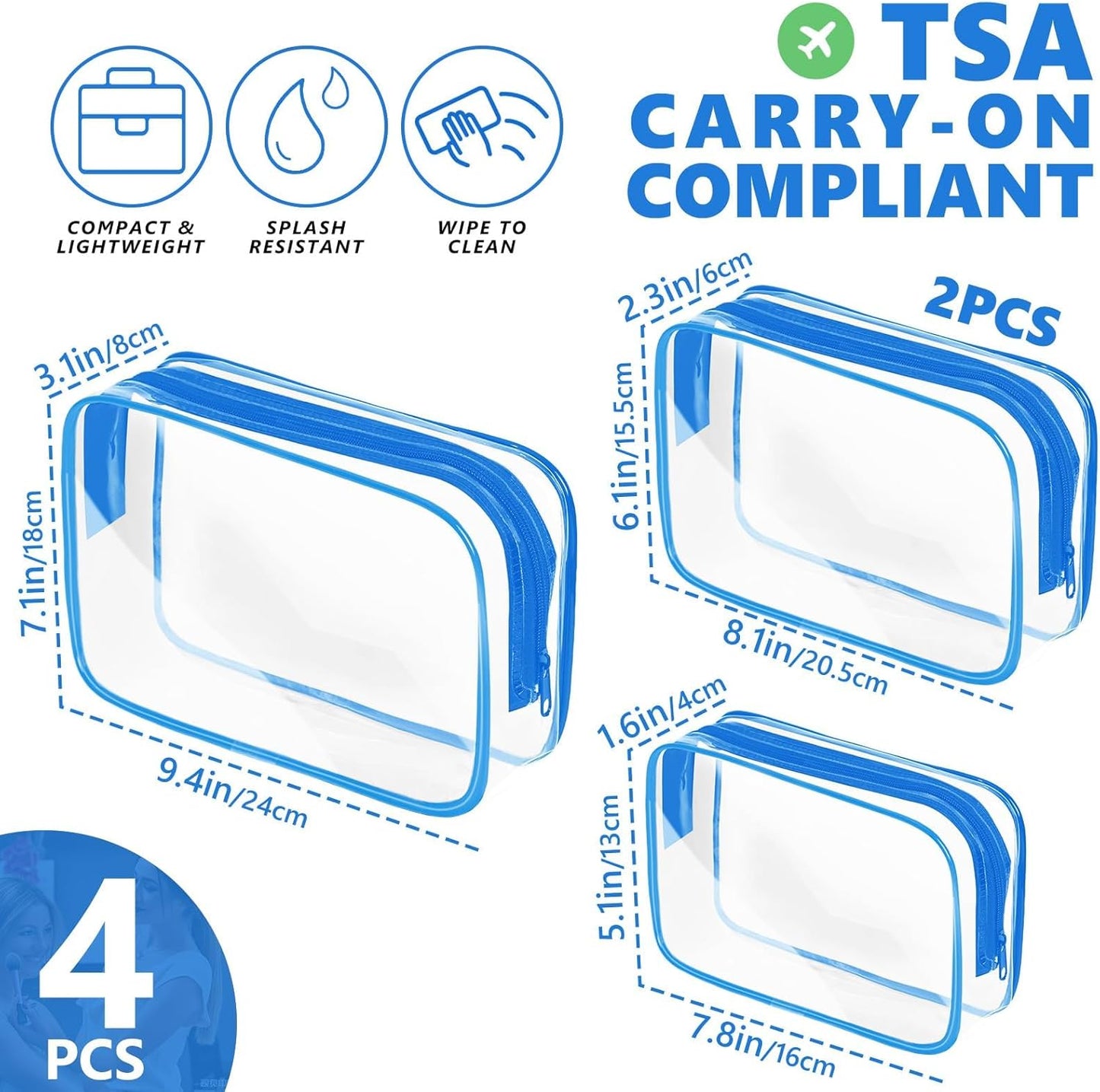 AURUZA 4 Pack Clear Toiletry Bag,Portable Travel Makeup Bags with Zipper, TSA Approved Clear Organizer Bags, PVC Cosmetic Pouch for Airport Airline Compliant (4 Packs Blue)