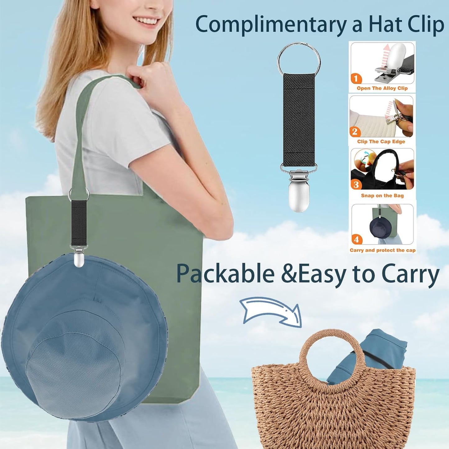 vidsel Womens Sun Hats Wide Brim Reversible Bucket Cotton Hat Packable Summer Travel Cap with Hat Clip,UV Protection