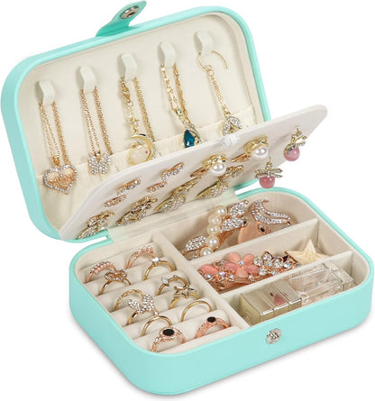 Travel Jewelry Box, PU leather Small Jewelry Organizer For Female Girls, double layer portable mini travel case for storing earrings, rings, necklaces.(Green)