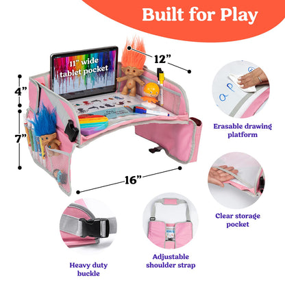 PILLANI Kids Travel Tray for Car - Car Seat Tray for Kids Travel, Road Trip Essentials, Carseat Table for Roadtrip Activities - Must Have Toddler Lap Desk Organizer for Airplane - Car Accessories