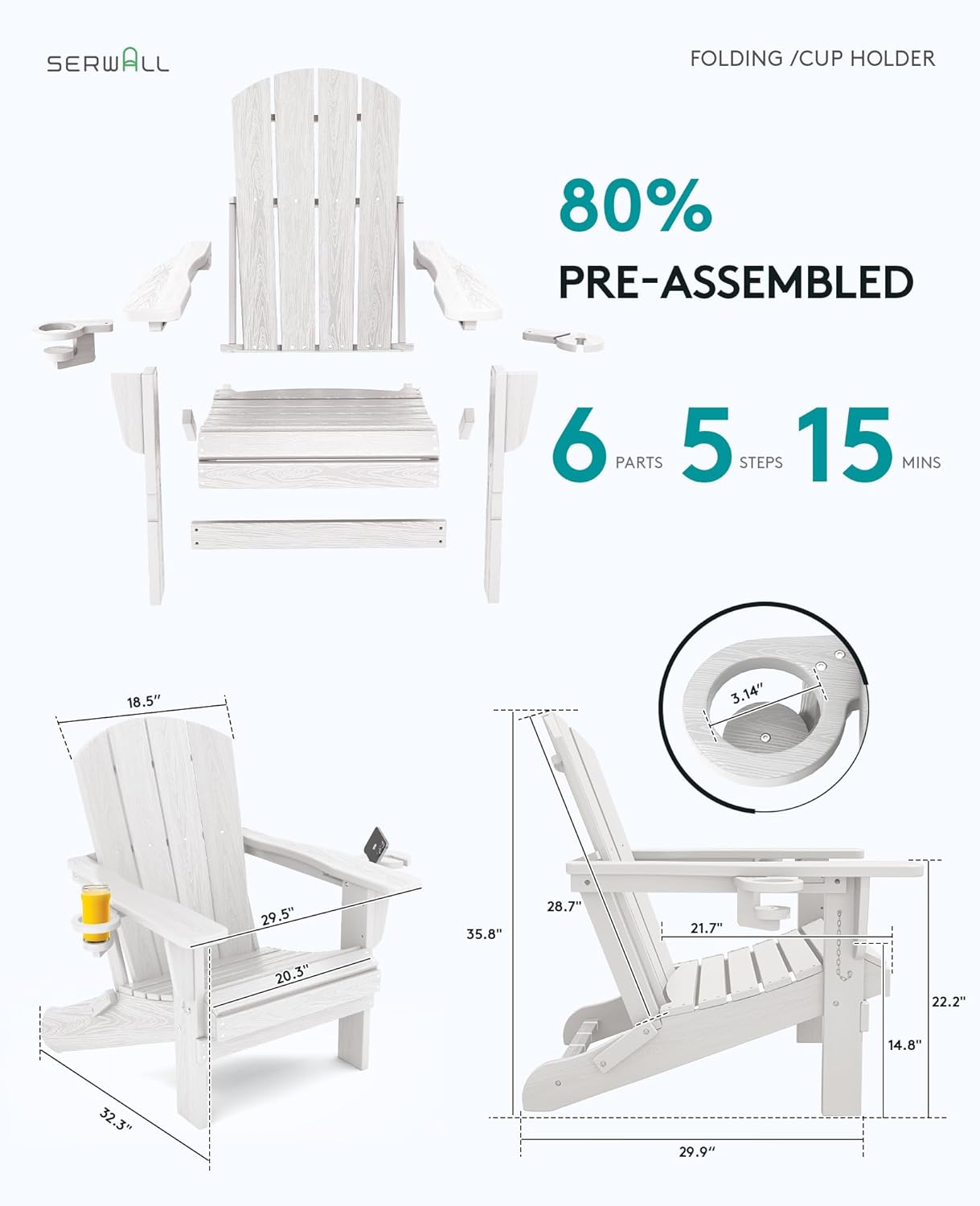 SERWALL Adirondack Chair with Cup Holders - Composite Adirondack Chairs Set of 8 HDPE Outdoor Chairs All Weather Use- White