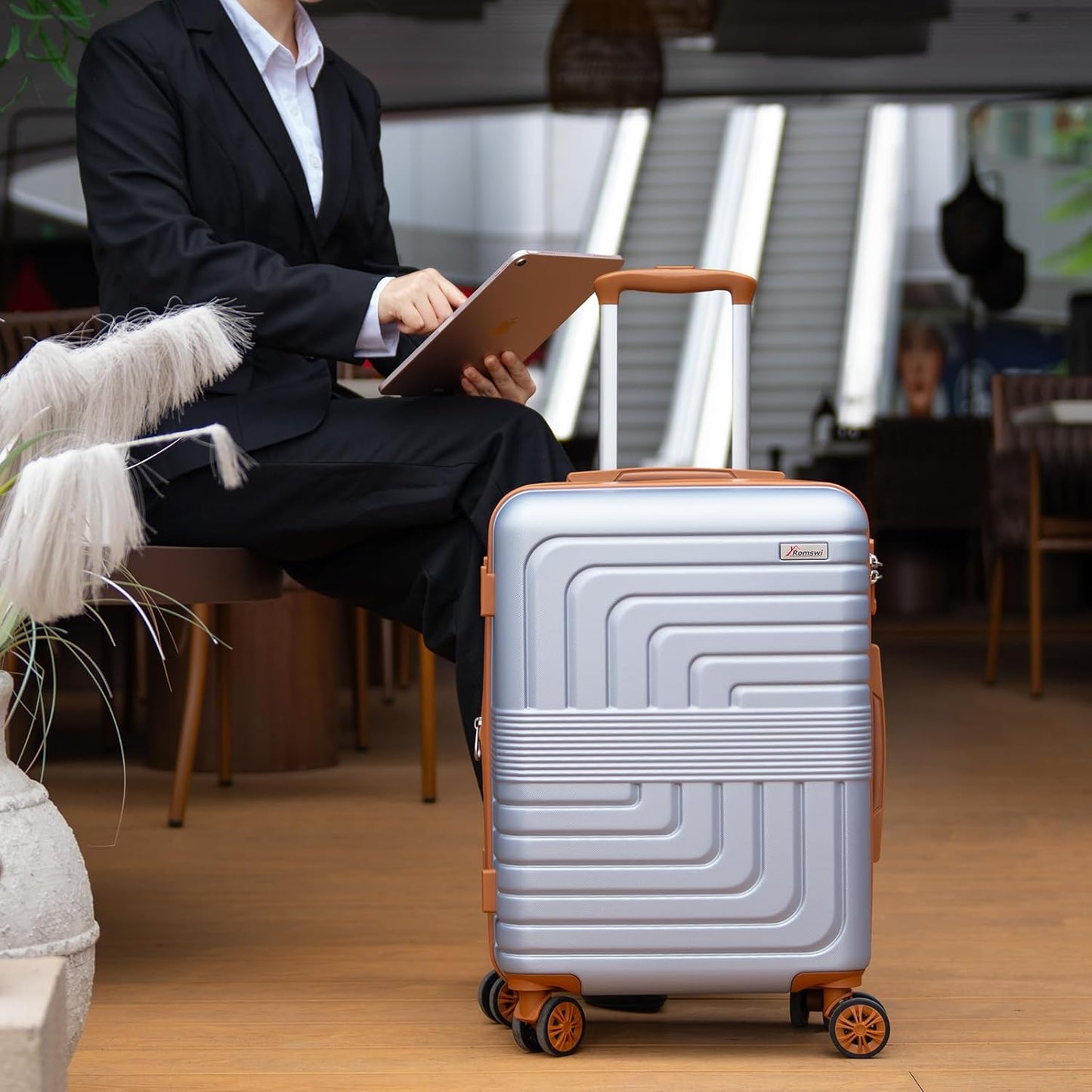 Romswi Expandable 24" Checked Luggage,Medium Hardshell Suitcase with Double Spinner Wheels for 20% More Space, Airline Approved Lightweight Hardside Luggage, Scratch-Resistant & YKK Zipper,Silver