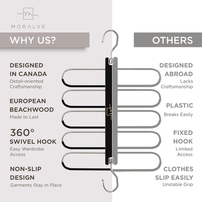 MORALVE Pants Hangers Space Saving - 2 Pack European Beechwood Scarf and Jean Hangers - Closet Organizer and Space Saver Pant Rack, Leggings Hanger, and Scarf Holder with 360° Swivel Hook