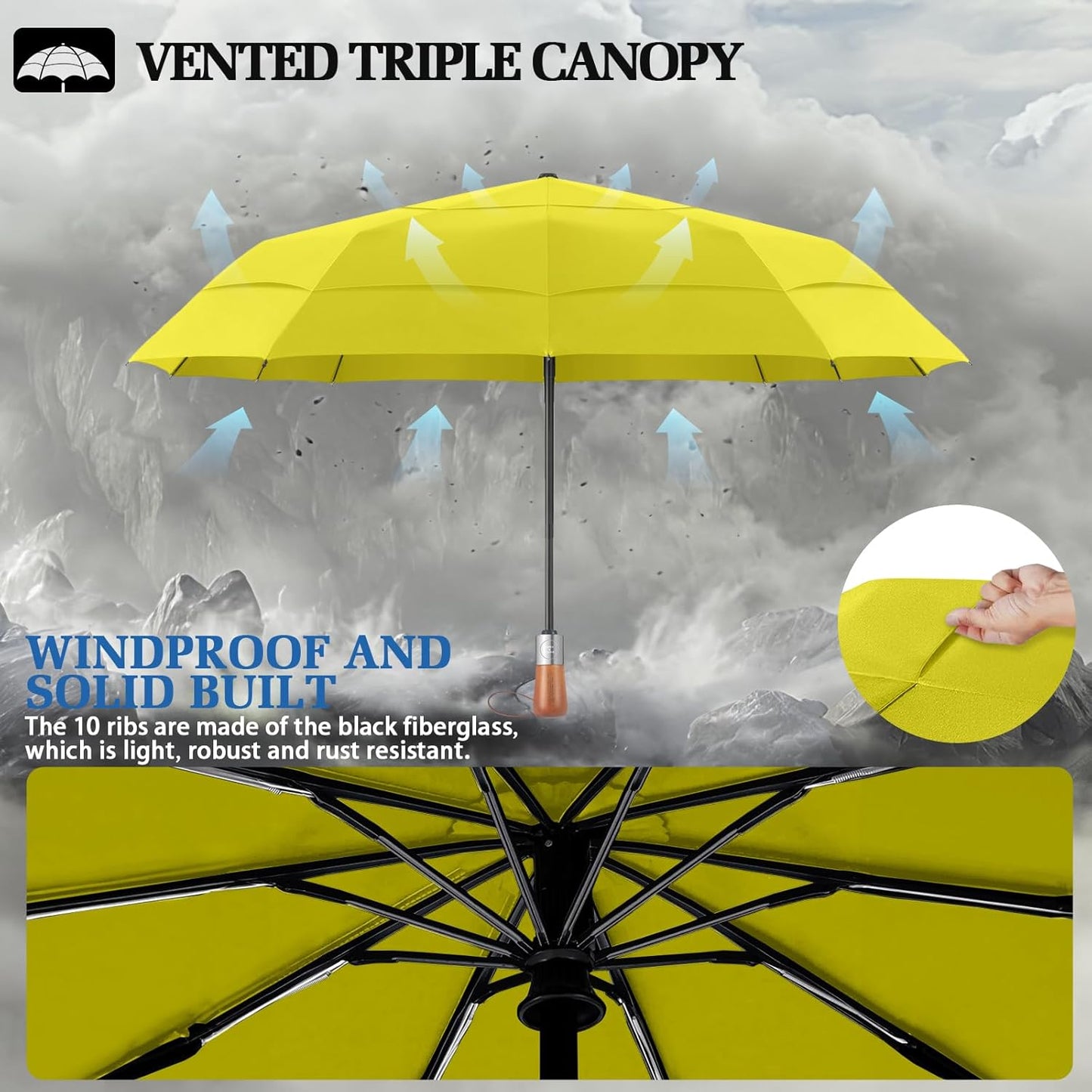 3T Wind Armor Travel Umbrella Compact Easy Auto Open Close Folding Umbrellas for Rain Windproof Umbrella for Women and Men Durable Real Wood Handle Portable Fits Backpack Car