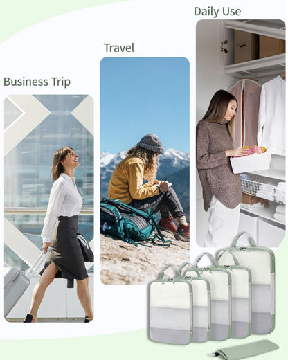 ECOHUB 6 Set Compression Packing Cubes, Lightweight Vacation Travel Essentials, Durable Travel Accessories for Suitcase Carry On Luggage Organizer Bags Set with YKK Zippers Shoe Bag, Green