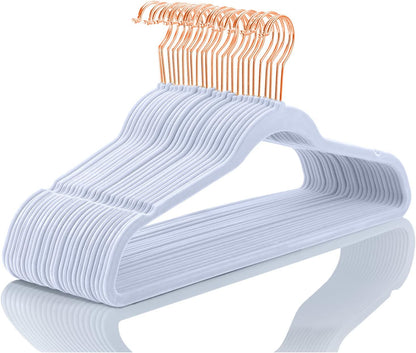 MIZGI Premium Velvet Hangers (50 Pack) Heavy Duty - Non Slip Felt Hangers - Velvet Suit Hanger Light Blue - Rose Gold Hooks,Space Saving Clothes Hanger