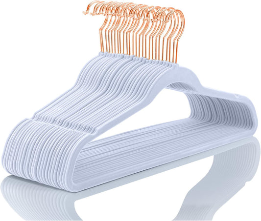 MIZGI Premium Velvet Hangers (50 Pack) Heavy Duty - Non Slip Felt Hangers - Velvet Suit Hanger Light Blue - Rose Gold Hooks,Space Saving Clothes Hanger