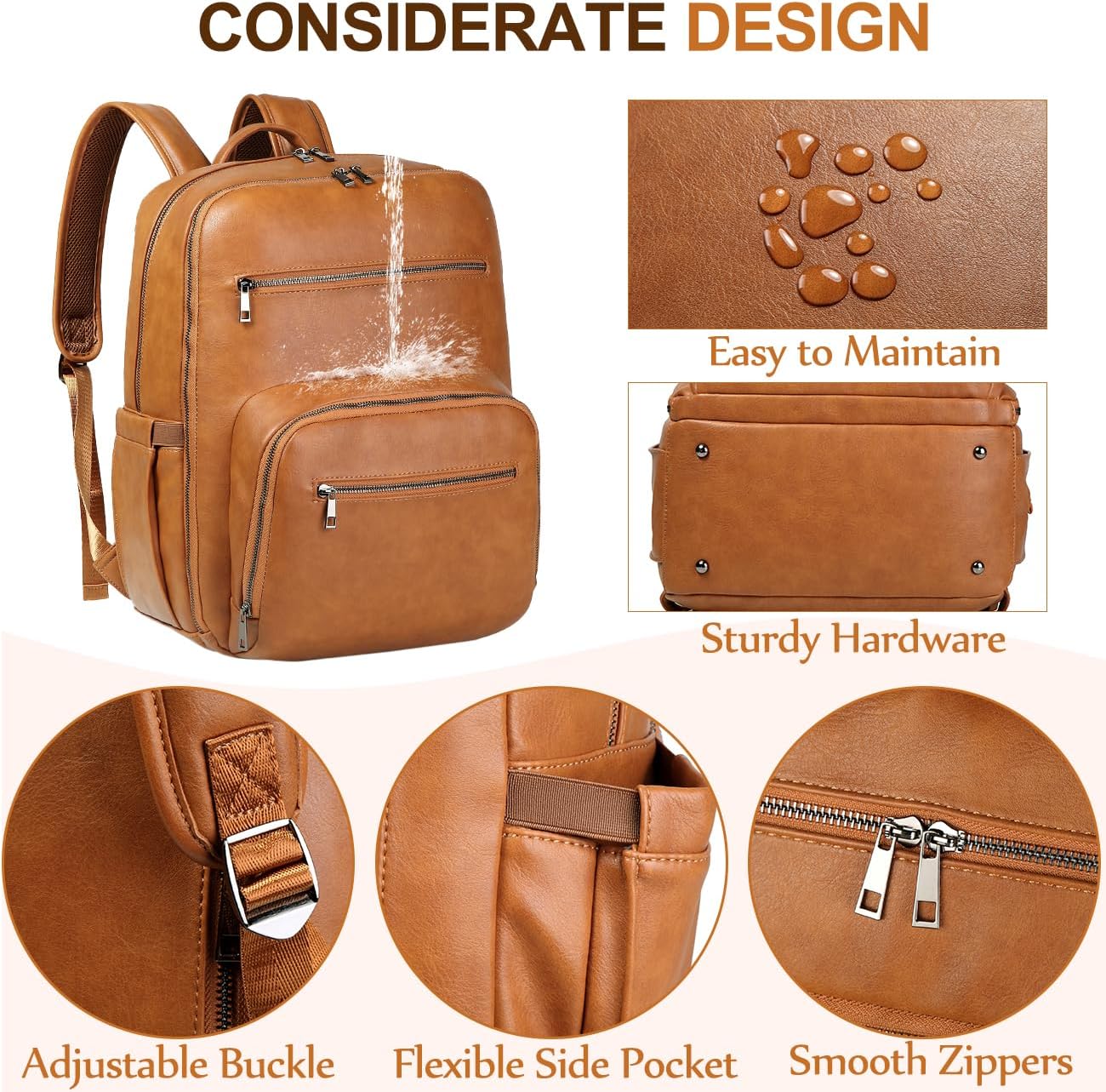 VASCHY Diaper Bag Backpack for Mum Dad, Unisex Large Waterproof Vegan Leather Baby Bag with Changing Pad,Insulated Pockets,Padded Laptop Sleeve for Travel,Brown