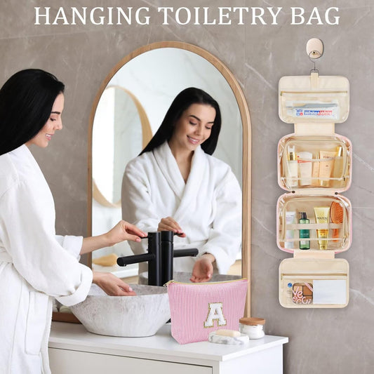YOOLIFE Hanging Toiletry Bag for Women - Travel Toiletry Bag Makeup Bag, Portable Toiletries Cosmetic Bag, Airplane Travel Essentials - Letter P, Pink