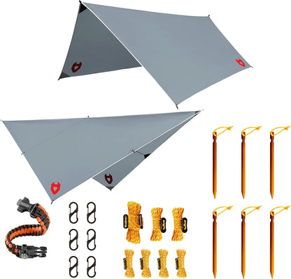 Rain Fly 10x10 Lightweight Survival Camping Tarp; 100% Waterproof; Makes a Great Backpacking Tarp or Hammock Shelter; Comes in Multiple Colors, Survival Bracelet Included; Grey