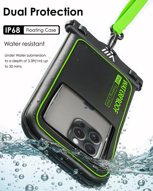 【2025 Upgraded】 2 Pack Black - IP68 Waterproof Phone Pouch Floating Design No Sink Waterproof Phone Case - Beach Pool Travel Essentials - Works w/All Phones - Detachable Lanyard - Black/Hi-Vis Green