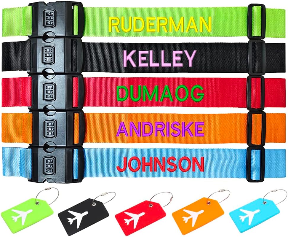 3PC Custom Embroidery Luggage Strap with Your Text/Name,Personalized Luggage Straps with Lock for Suitcases,Adjustable Suitcase Strap Belt Tag for Secure Travel