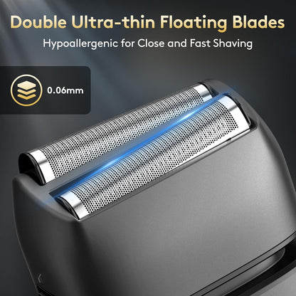 Brightup Foil Shaver, Mens Electric Razor, Shavers for Men with Trimmer, Cordless USB-C Rechargeable Waterproof Double Floating Blades for Close Shaving Face, 2 Speed, LED Display&Travel Pouch, Gray