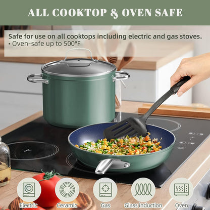 Nuwave 9pc Cookware Set Healthy Duralon Blue Ceramic Nonstick Coated, Diamond Infused Scratch-Resistant, PFAS Free, Oven Safe, Induction Ready & Evenly Heats, Tempered Glass Lids & Stay-Cool Handle
