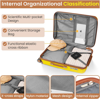 Campfun Luggage Sets 4 Piece, Expandable Carry On Luggage Set Hardshell PP, Suitcase Set with Double Spinner Wheels, Checked Durable Lightweight with TSA Lock, 14/20/24/28in, Yellow Brown(B)