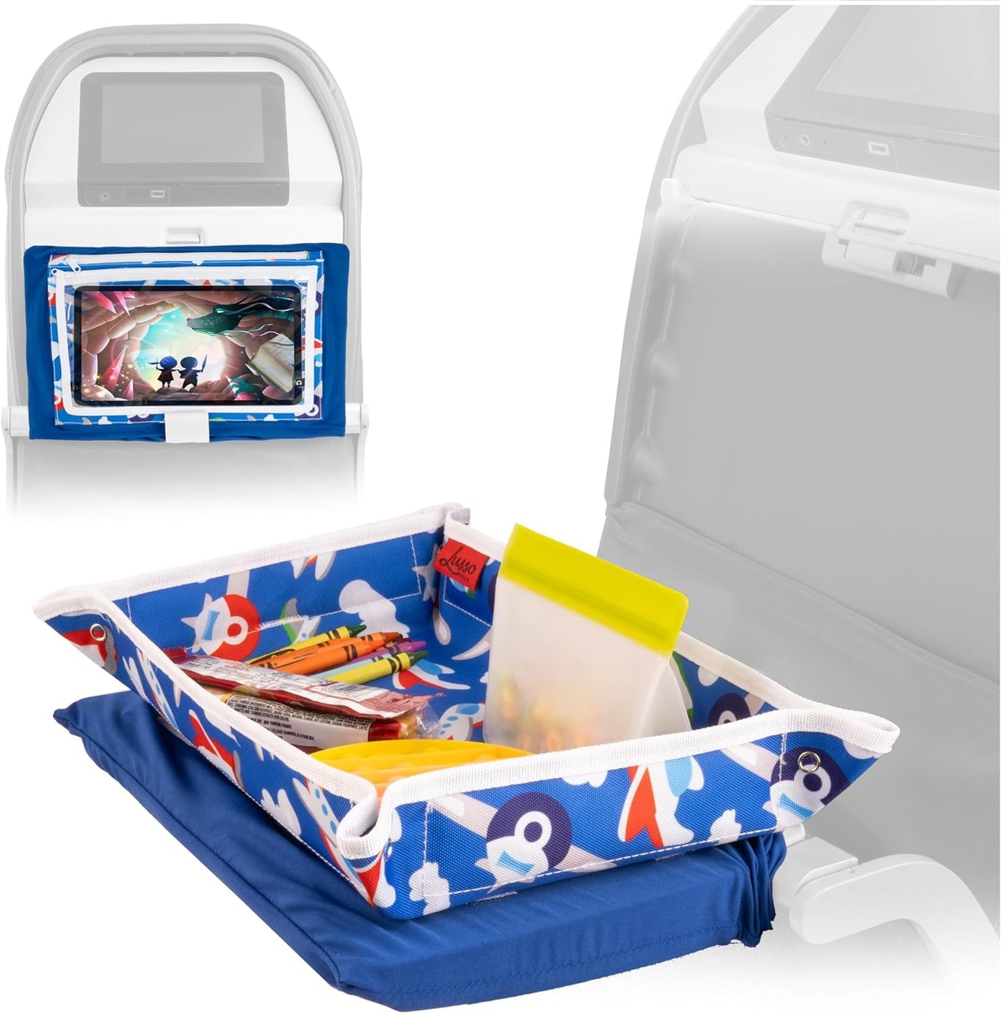 Lusso Gear Kids Airplane Tray Cover with Pockets - Airplane Essentials for Toddlers - Kids Travel Tray for Plane or Train - Organize Toys, Snacks - Tablet Holder - Flying Must Have (Airplanes Pattern)